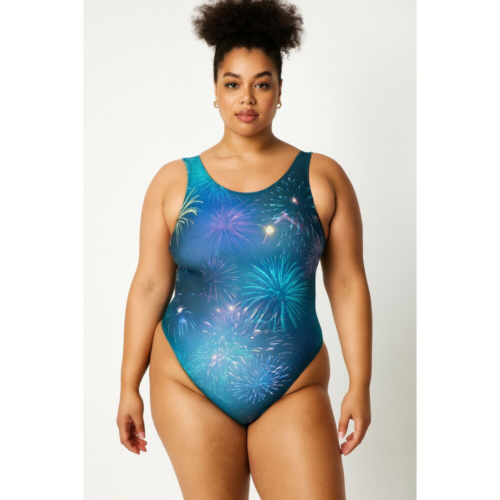 NWT Yitty Lizzo Blue Fireworks One Piece Thong Bodysuit   Women's Size Large